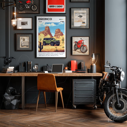 collage of framed automotive themed art in a modern office including a ford bronco print in a light frame and various motorcycle photographs and vintage items