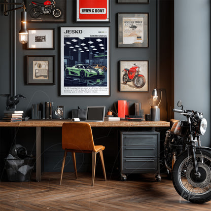 stylish home office featuring framed wall art of cars and motorcycles on dark gray wall