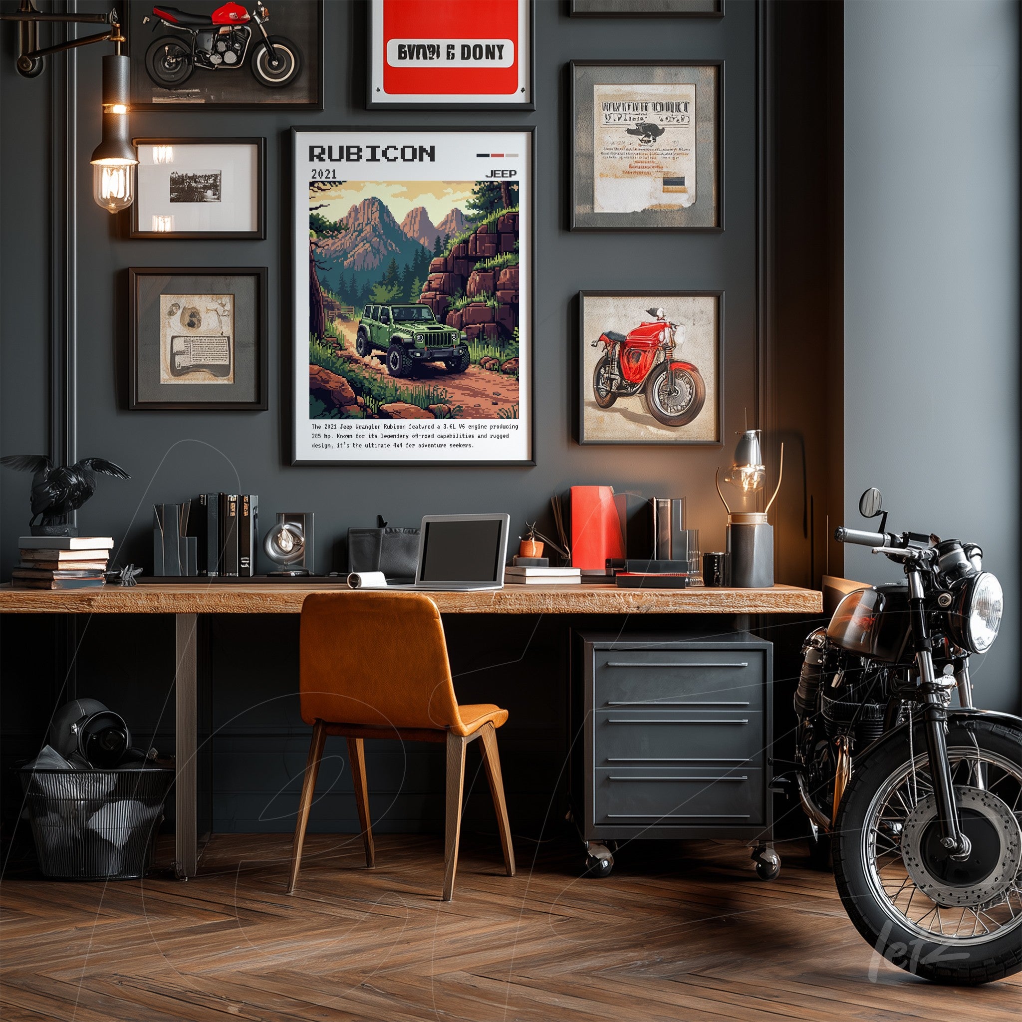 vintage style wall art collection featuring car illustrations on a gray wall with a wooden desk in front