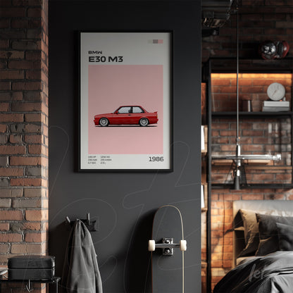 framed art print featuring the bmw e30 m3 in a black frame displayed on a dark wall