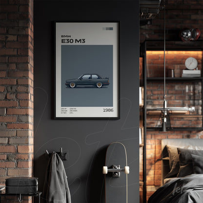 framed wall art featuring an illustration of a BMW E30 M3 on a gray wall