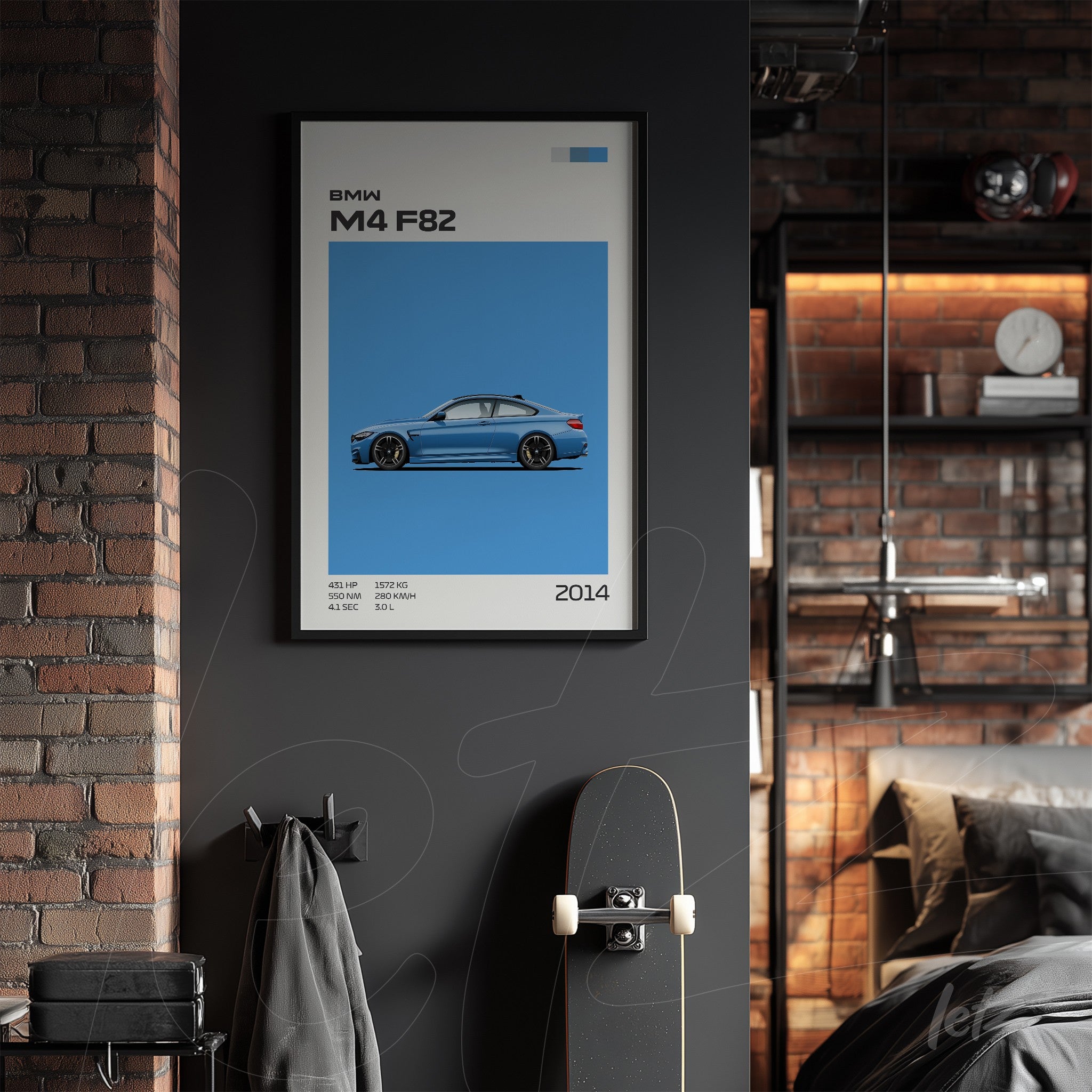 framed wall art featuring a minimalist design of the bmw m4 f82 car on a blue background with black frame
