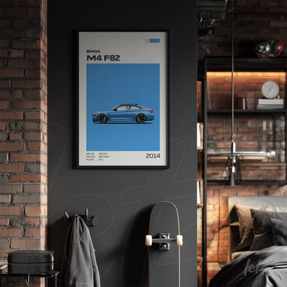 framed wall art featuring a minimalist design of the bmw m4 f82 car on a blue background with black frame