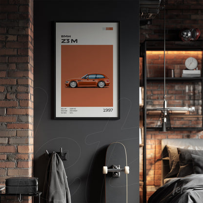 framed graphic art of BMW Z3 M on dark wall with orange background