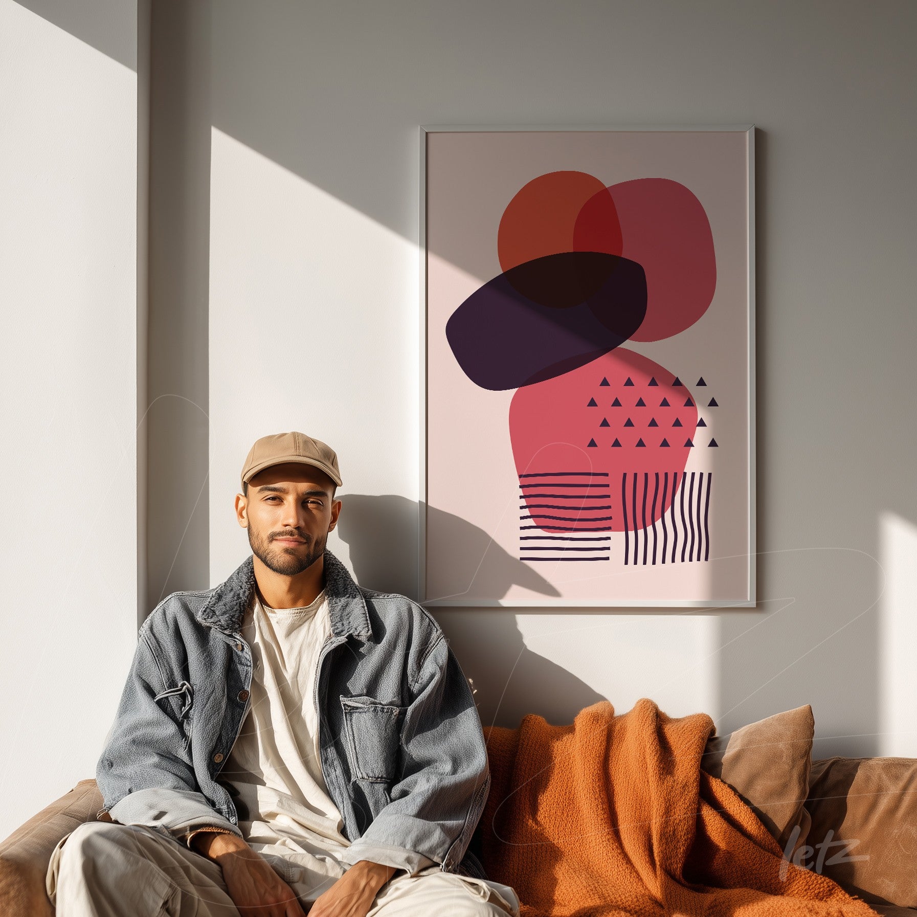 abstract art print in shades of pink and purple with geometric patterns displayed on a light wall next to a seated man