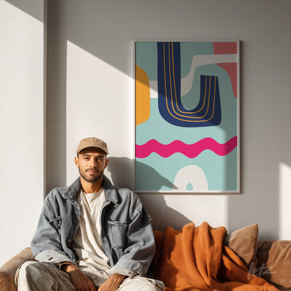 ```json
{
  "alt": "quadro boho moderno com formas geométricas coloridas em moldura branca exibido em ambiente de sala de estar",
  "alt_en": "modern boho style art with colorful geometric shapes in white frame displayed in a living room setting"
}
```