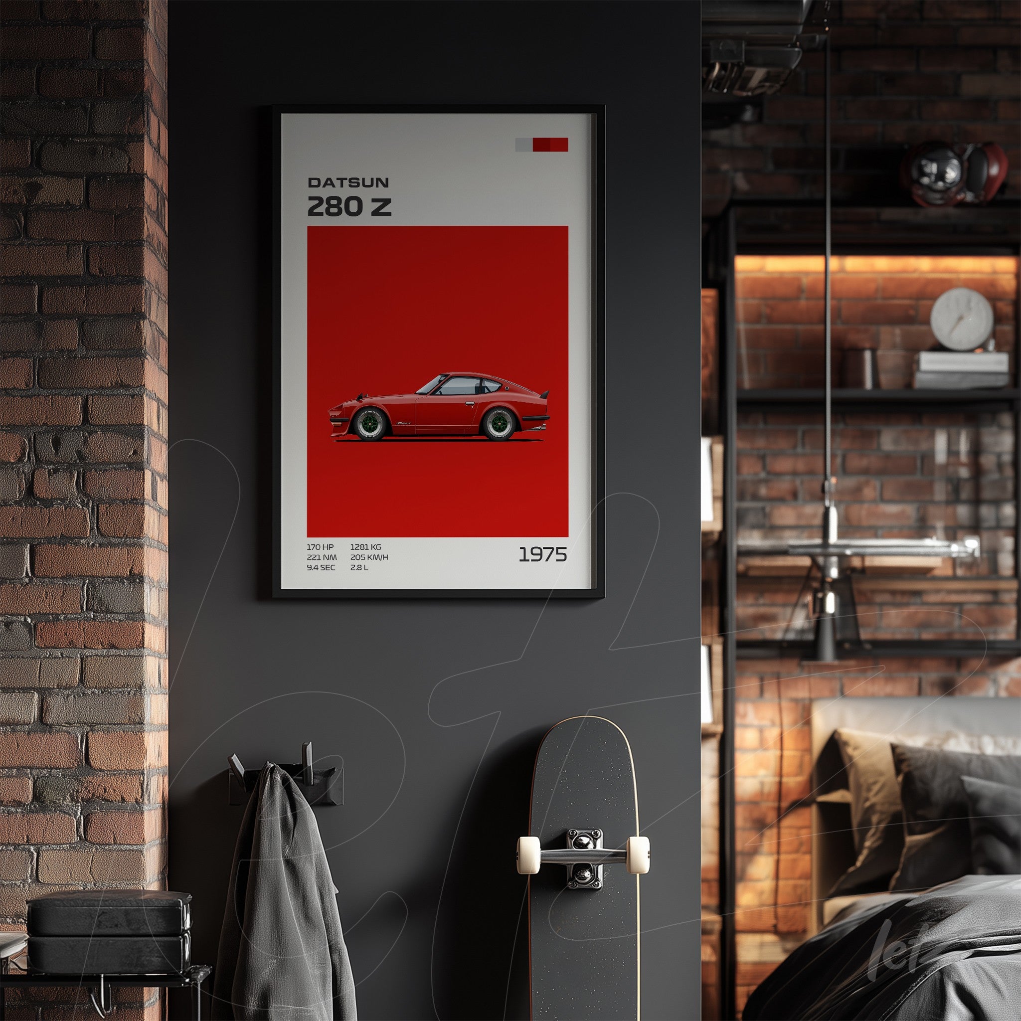 framed graphic art of the Datsun 280 Z car on vibrant red background