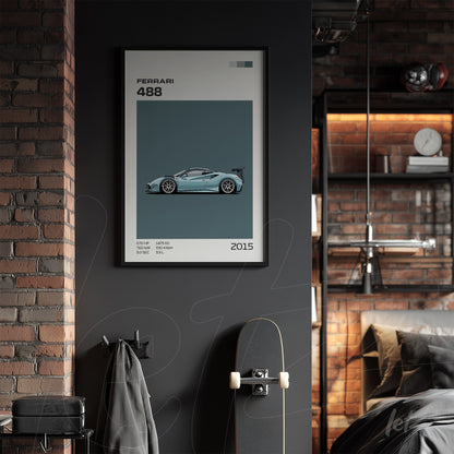 framed digital art featuring the Ferrari 488 displayed on a brick wall