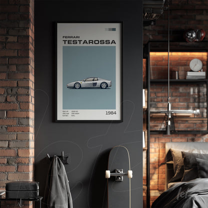 framed minimalist artwork of a Ferrari Testarossa car with a black frame