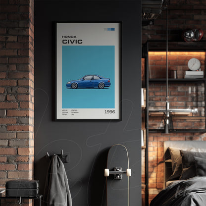 framed wall art featuring an illustration of a blue Honda Civic against a blue background, displayed on an exposed brick wall