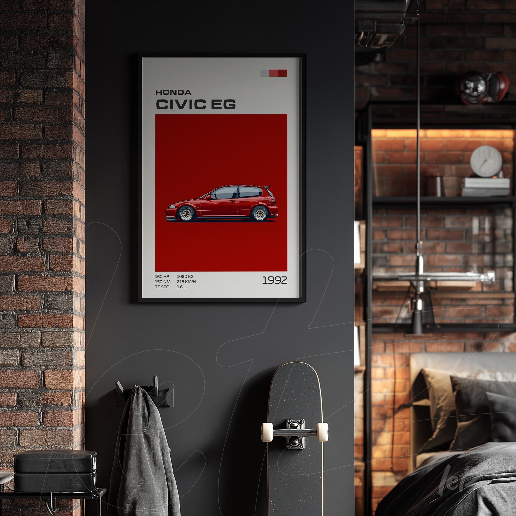 framed wall art featuring graphic design of a honda civic eg with black frame, red background, year 1992