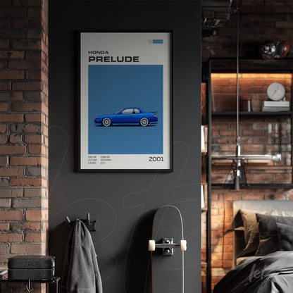 framed art print featuring a blue Honda Prelude illustration on a blue background
