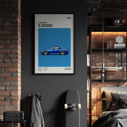framed wall art of Honda S2000 car on vibrant blue background displayed on dark wall
