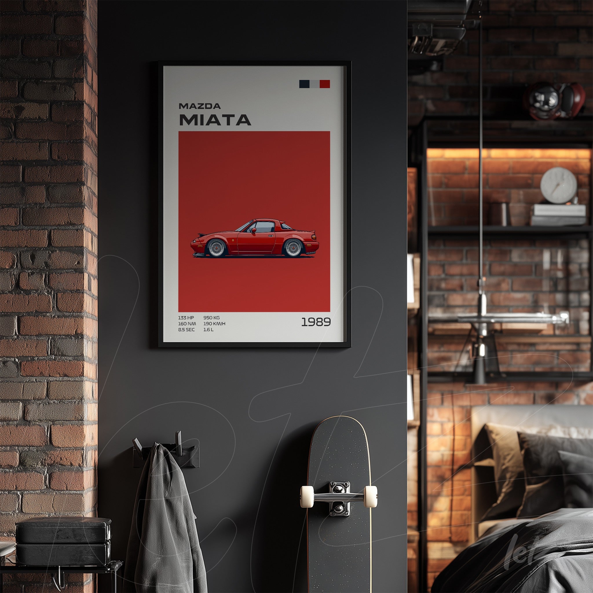 framed retro art of Mazda Miata car on dark wall with bold red background