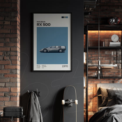 framed wall art of sports car Mazda RX 500 in black frame on dark wall