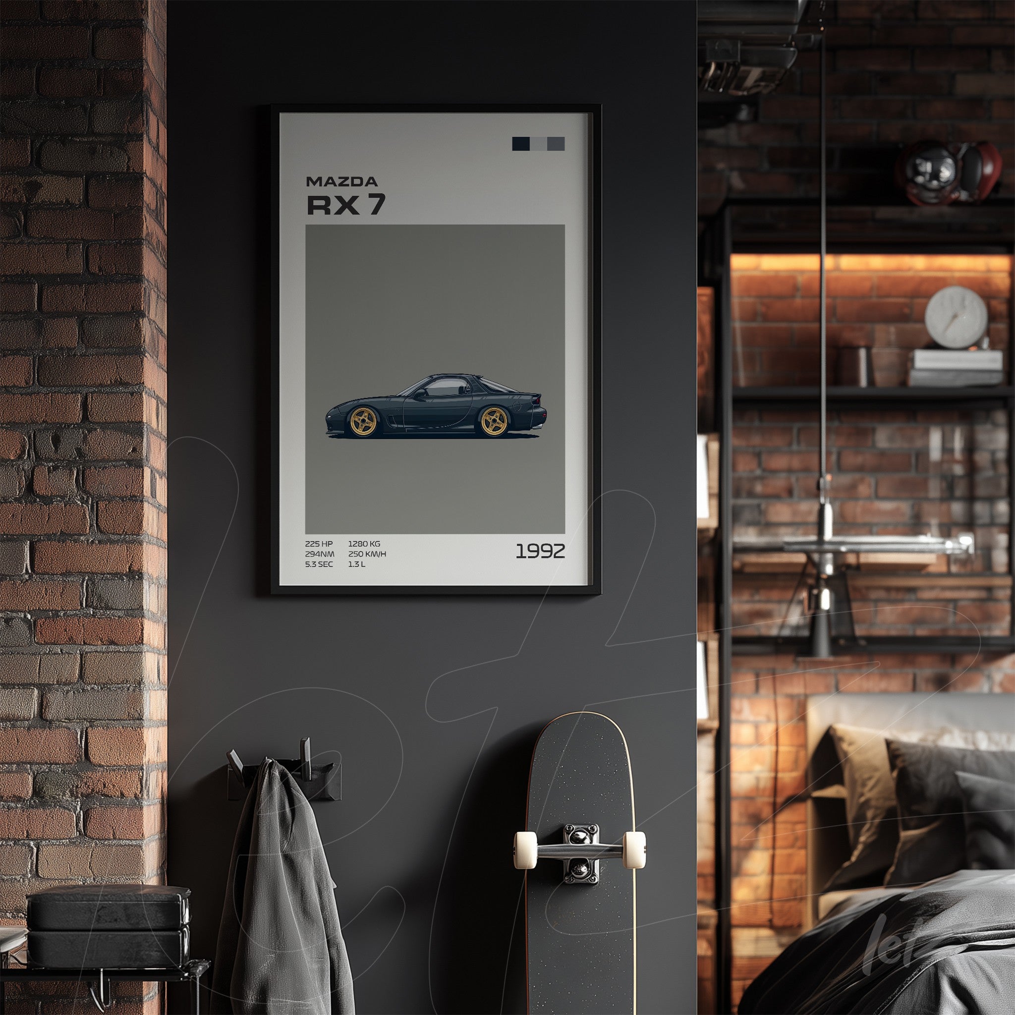 framed artwork showcasing a detailed illustration of the Mazda RX-7 on a gray wall