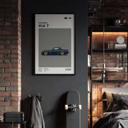 framed artwork showcasing a detailed illustration of the Mazda RX-7 on a gray wall