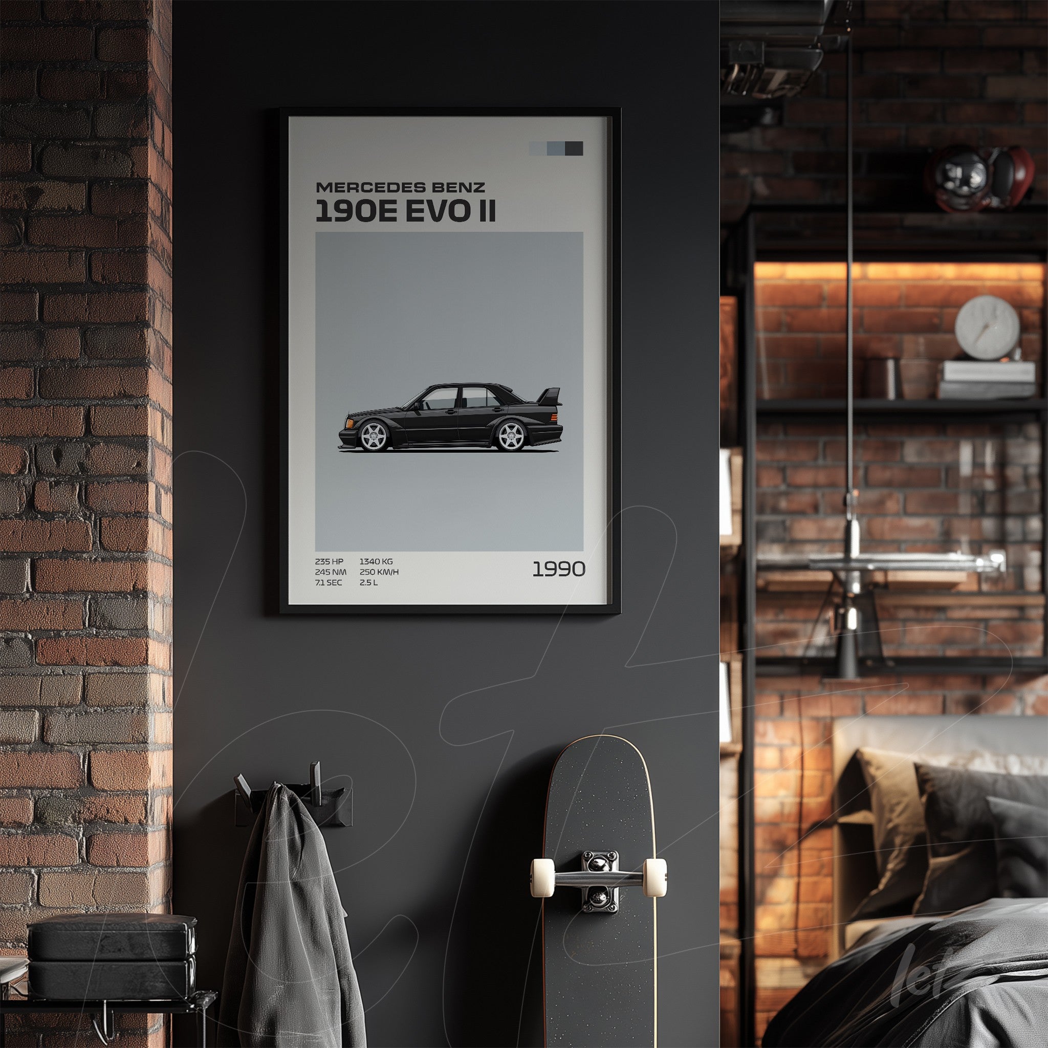 framed wall art featuring a stylized illustration of the Mercedes-Benz 190E EVO II on a light background, displayed on a dark brick wall