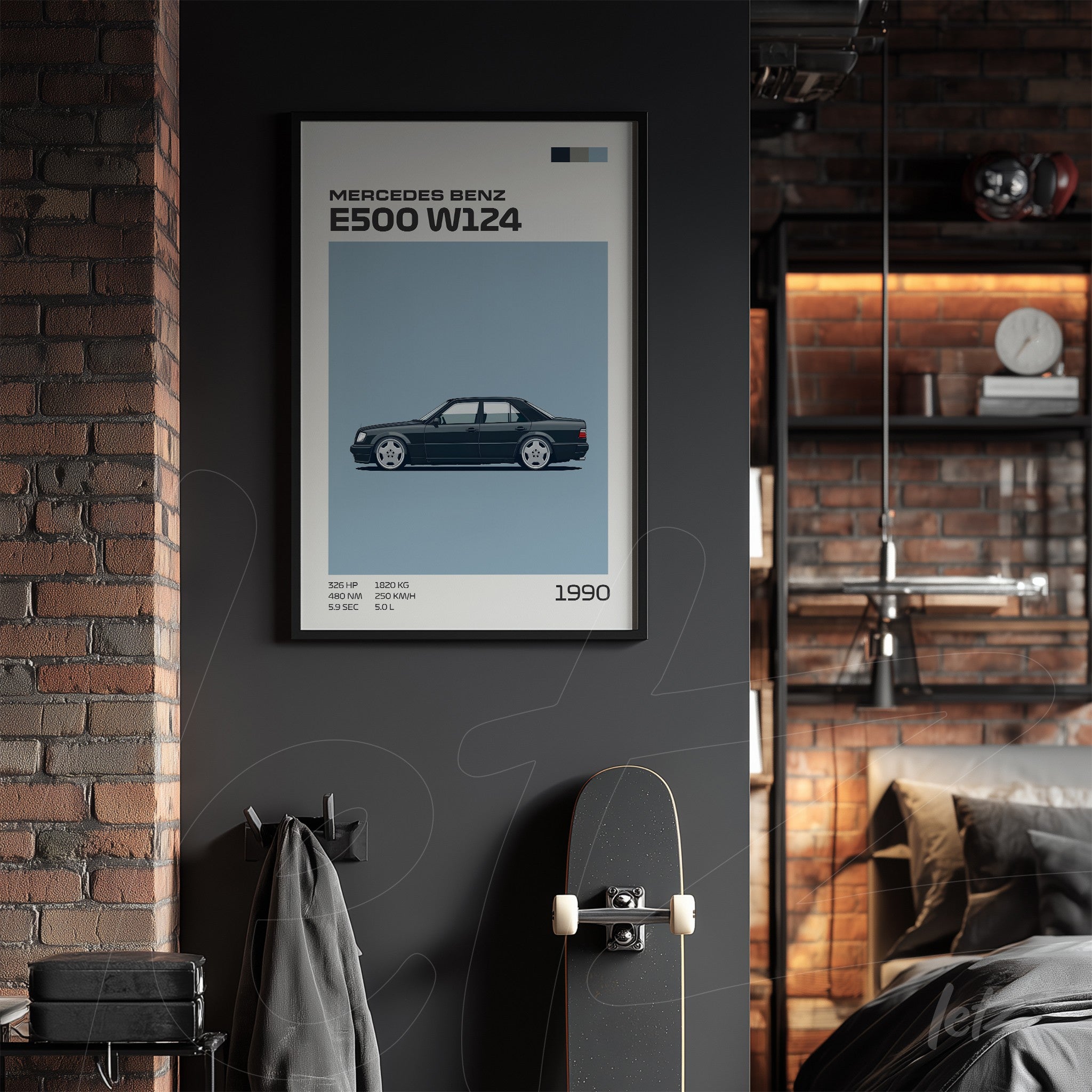 framed graphic art of the Mercedes Benz E500 W124 on gray wall
