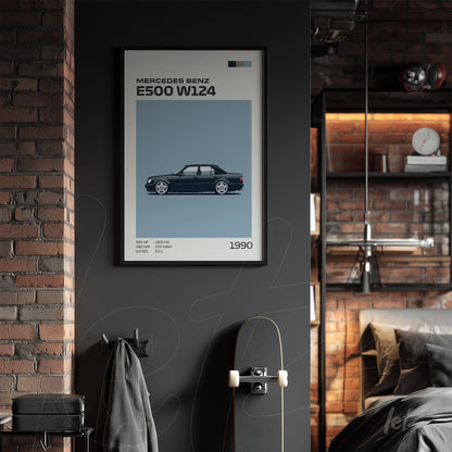 framed graphic art of the Mercedes Benz E500 W124 on gray wall