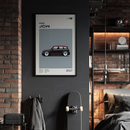 framed wall art featuring an illustration of the 2017 Mini JCW on a dark wall