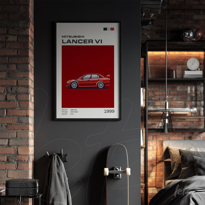 framed wall art featuring a stylized illustration of Mitsubishi Lancer VI against a bold red background with white details