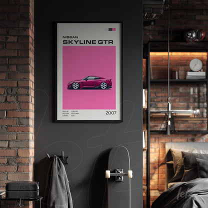 framed artwork of the 2007 Nissan Skyline GTR on a gray wall