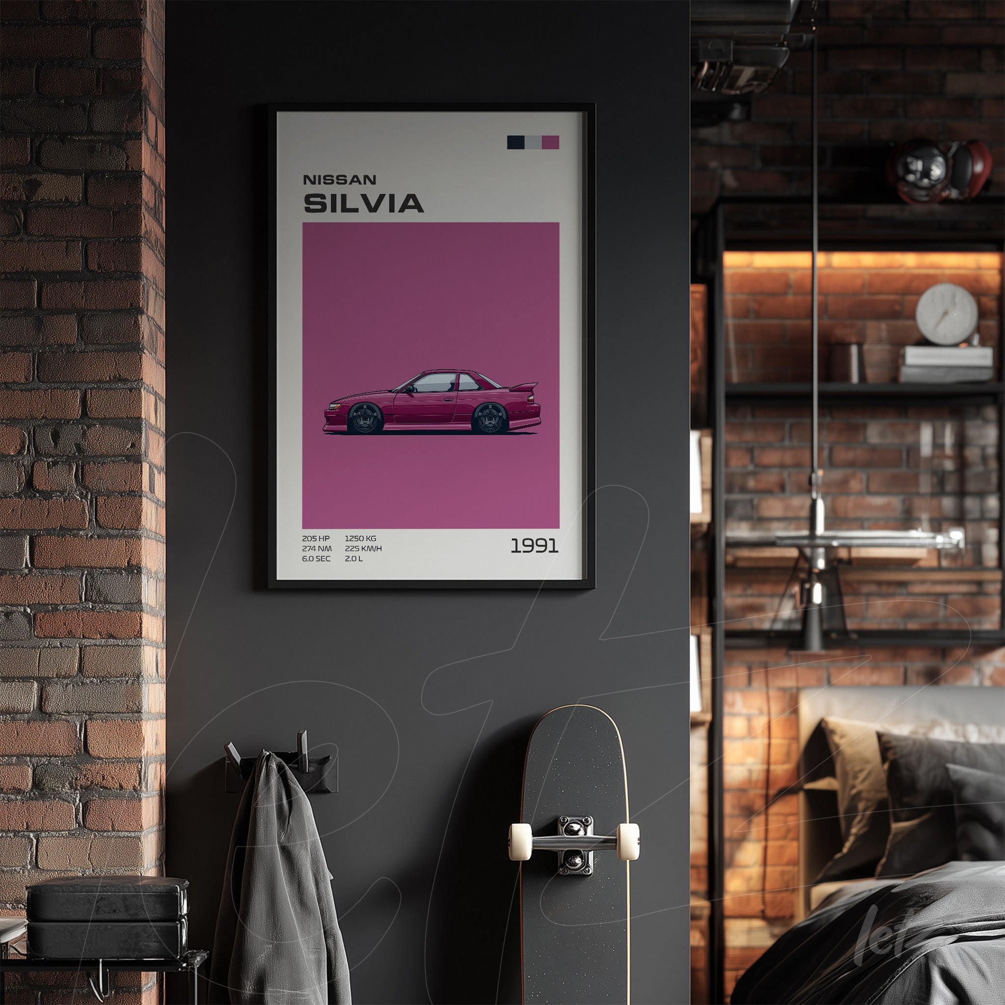 framed artwork of Nissan Silvia car in black frame on exposed brick wall