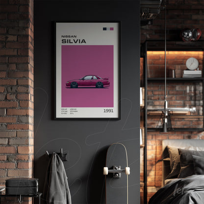 framed artwork of Nissan Silvia car in black frame on exposed brick wall