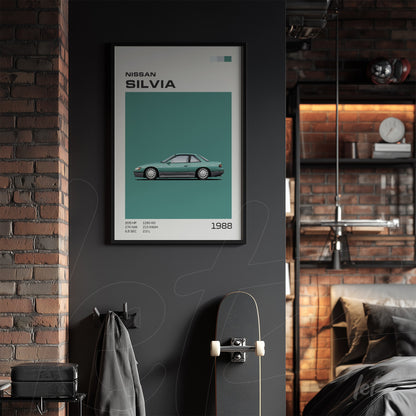framed artwork of 1988 nissan silvia in black frame displayed on gray wall