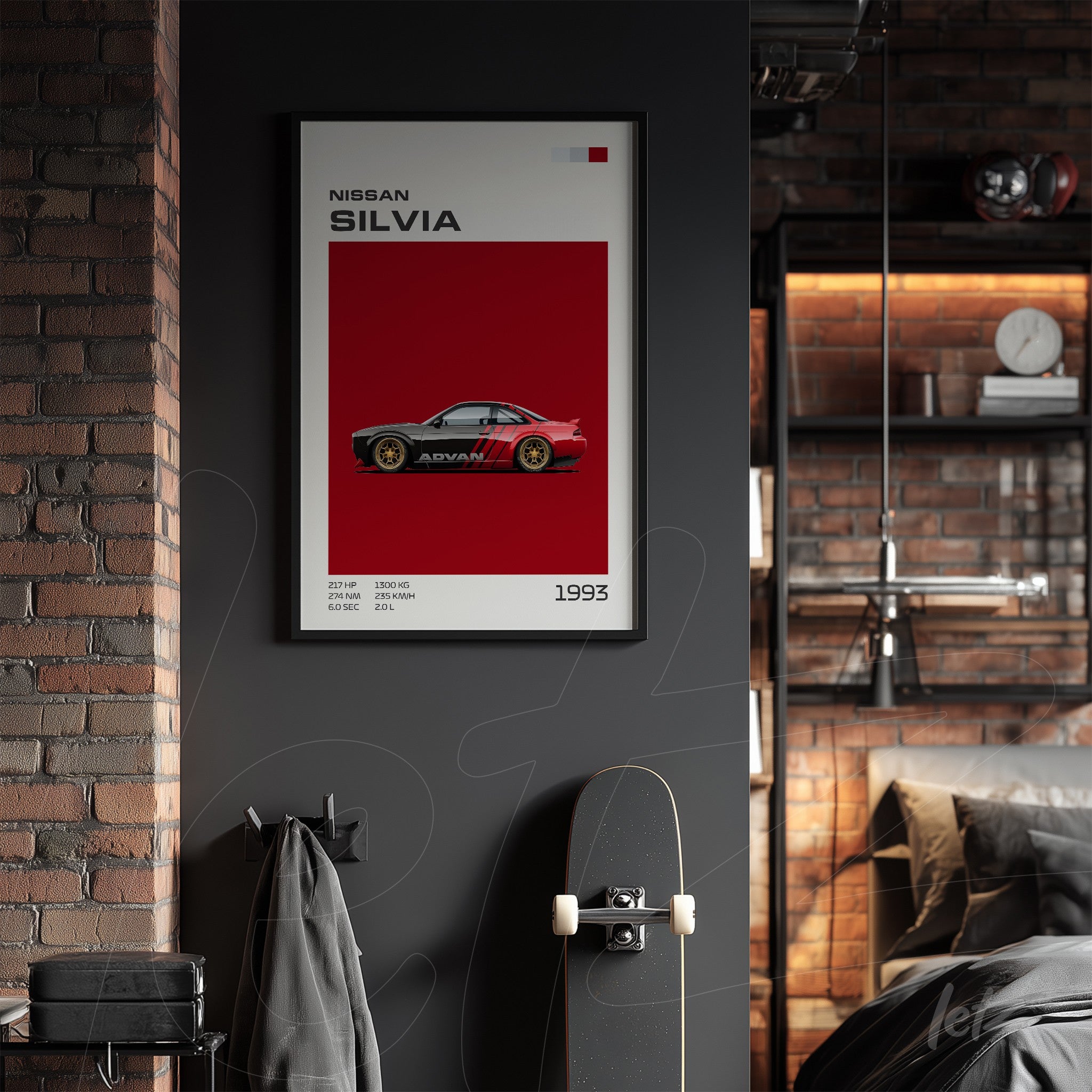 framed wall art featuring the Nissan Silvia over a vibrant red background showcased in a modern industrial setting