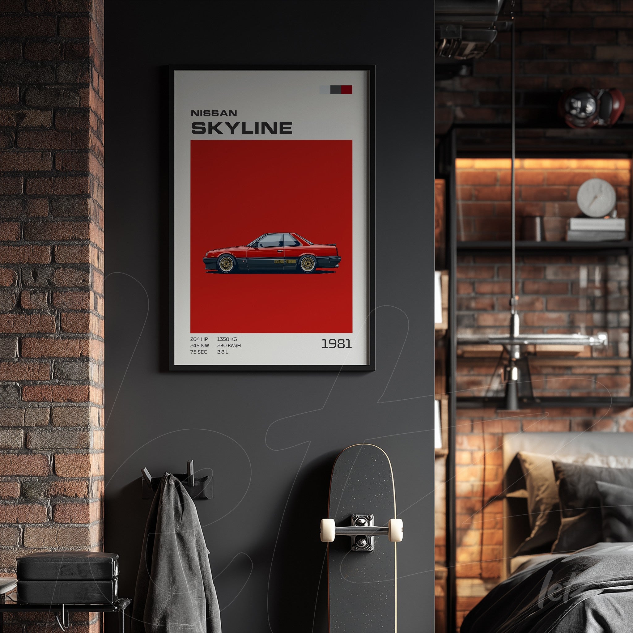 framed wall art featuring a Nissan Skyline sports car on a vibrant red background