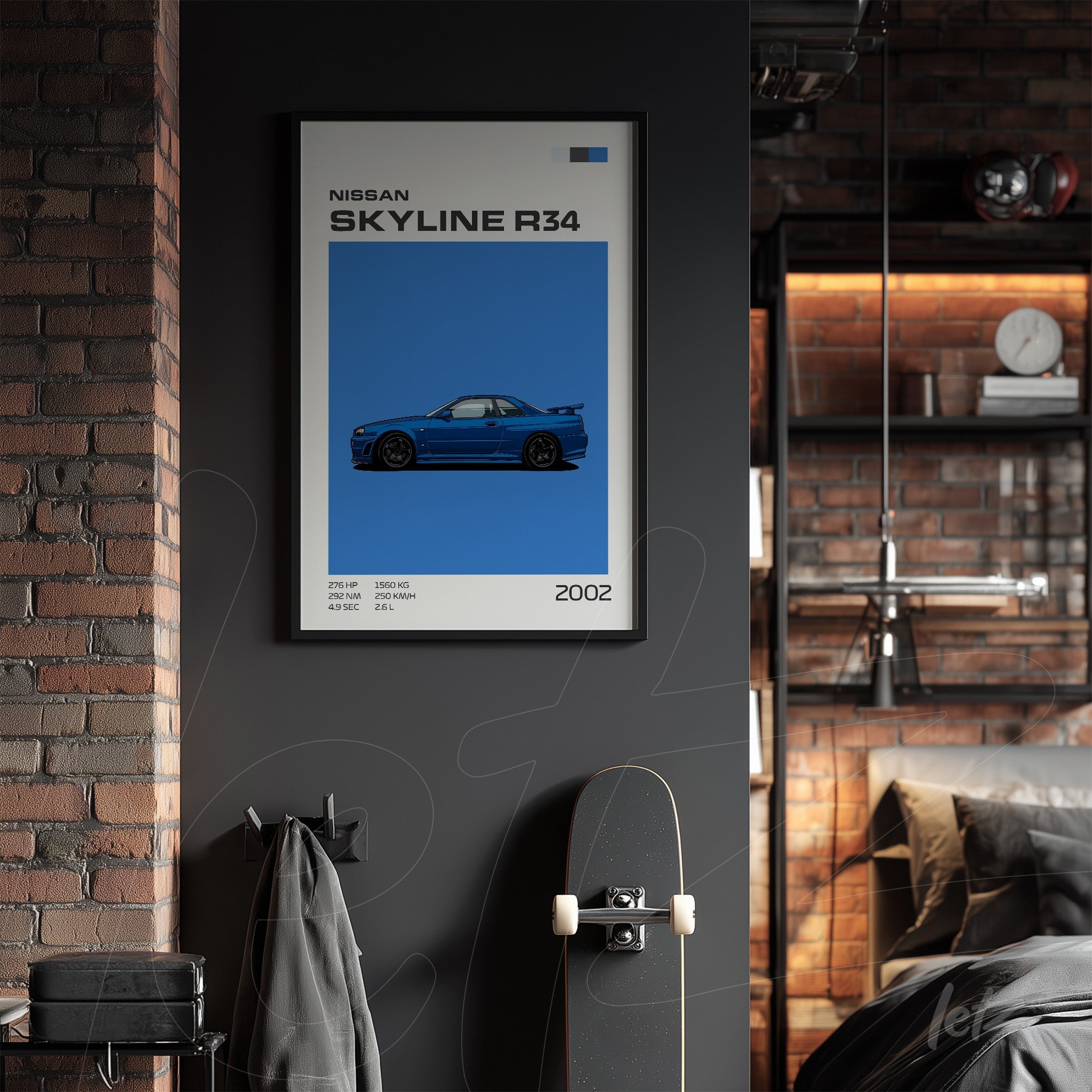 framed digital artwork of Nissan Skyline R34 on dark wall featuring a black frame