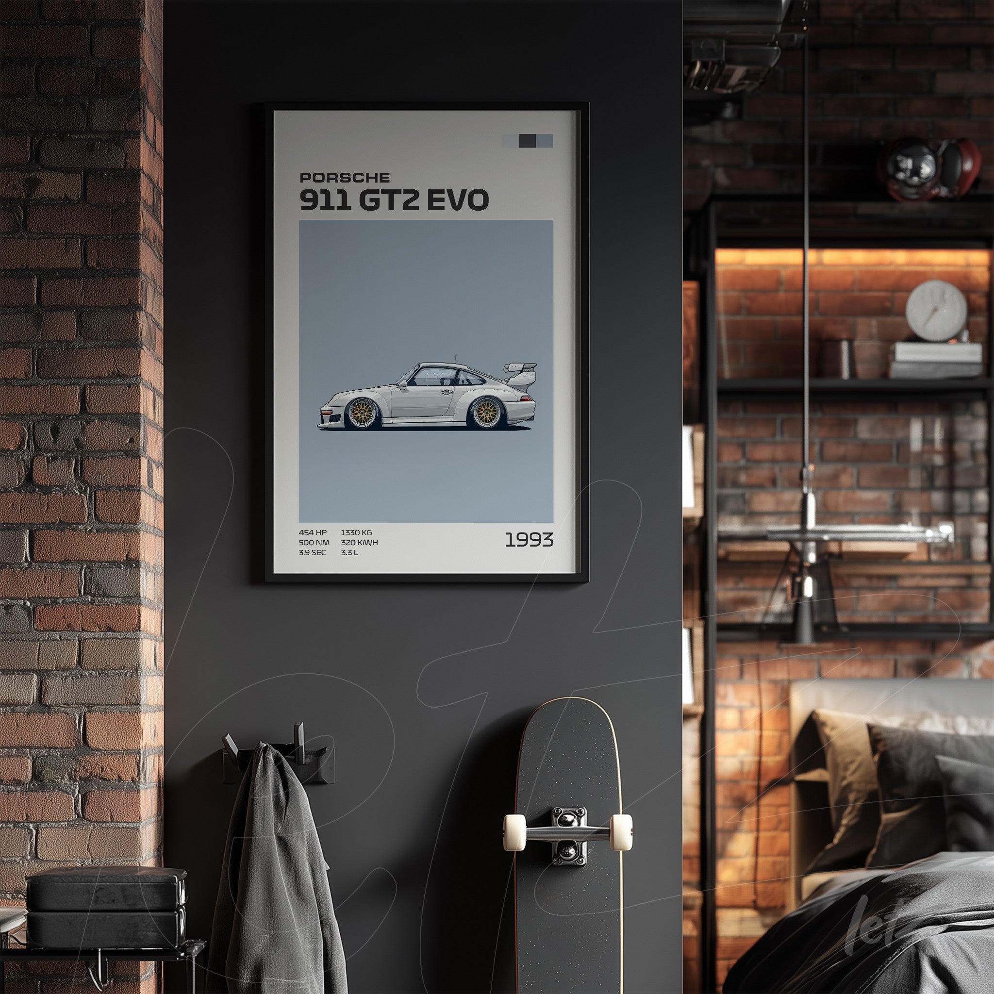 framed wall art featuring an illustration of the Porsche 911 GT2 EVO on a dark wall