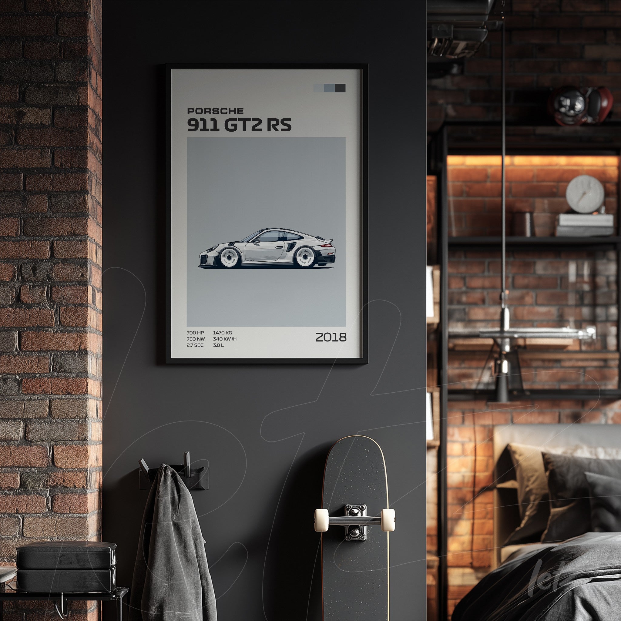 framed minimalist artwork of Porsche 911 GT2 RS in black frame against exposed brick wall