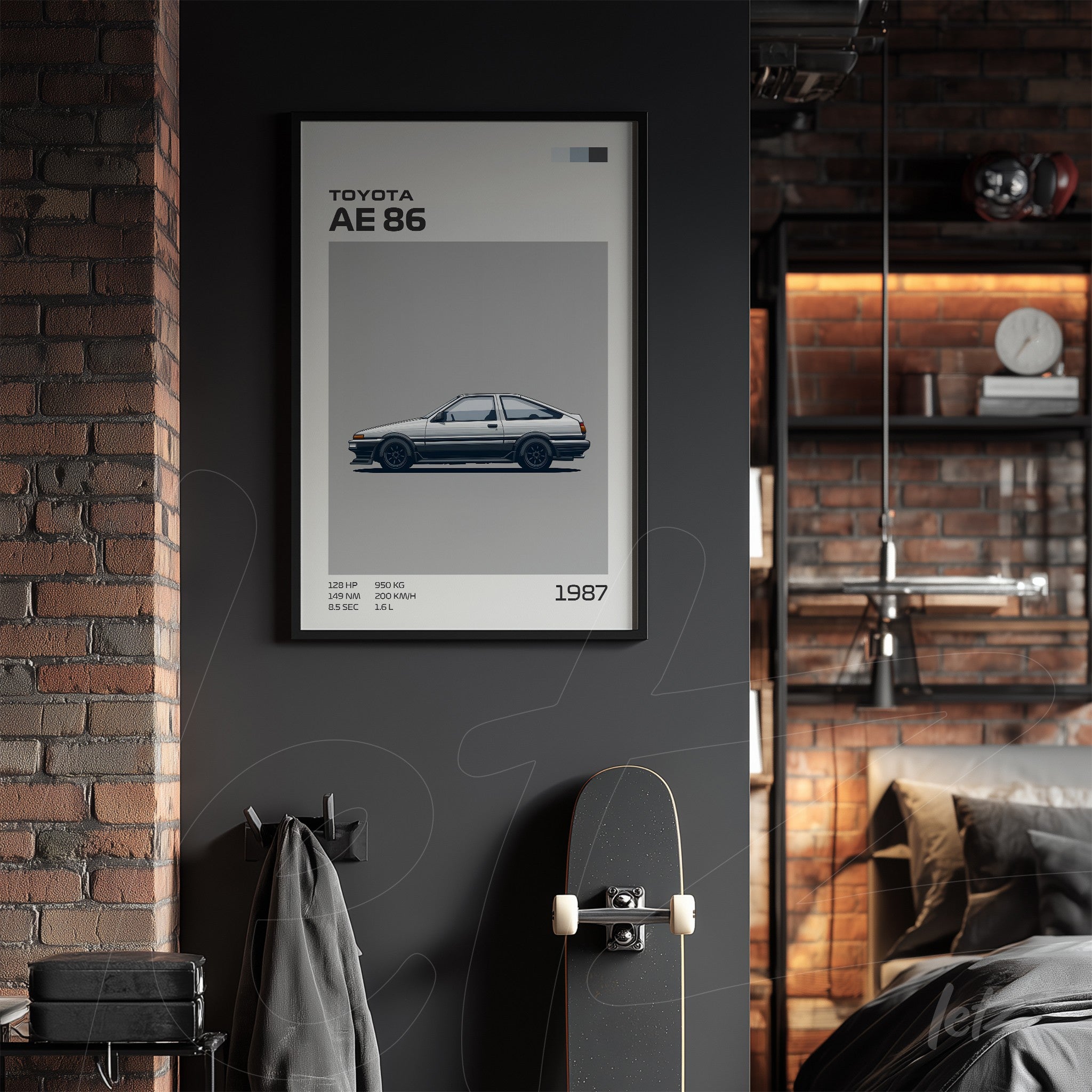 framed art of a toyota ae 86 car in sleek black frame on dark wall