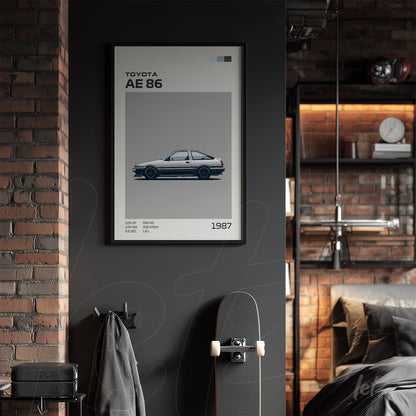 framed art of a toyota ae 86 car in sleek black frame on dark wall