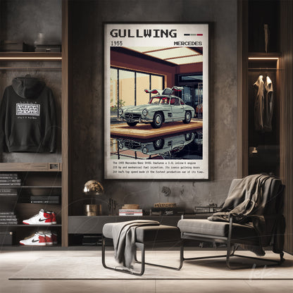 framed retro art of the 1955 Mercedes-Benz 300 SL Gullwing with a dark frame, set in a contemporary interior