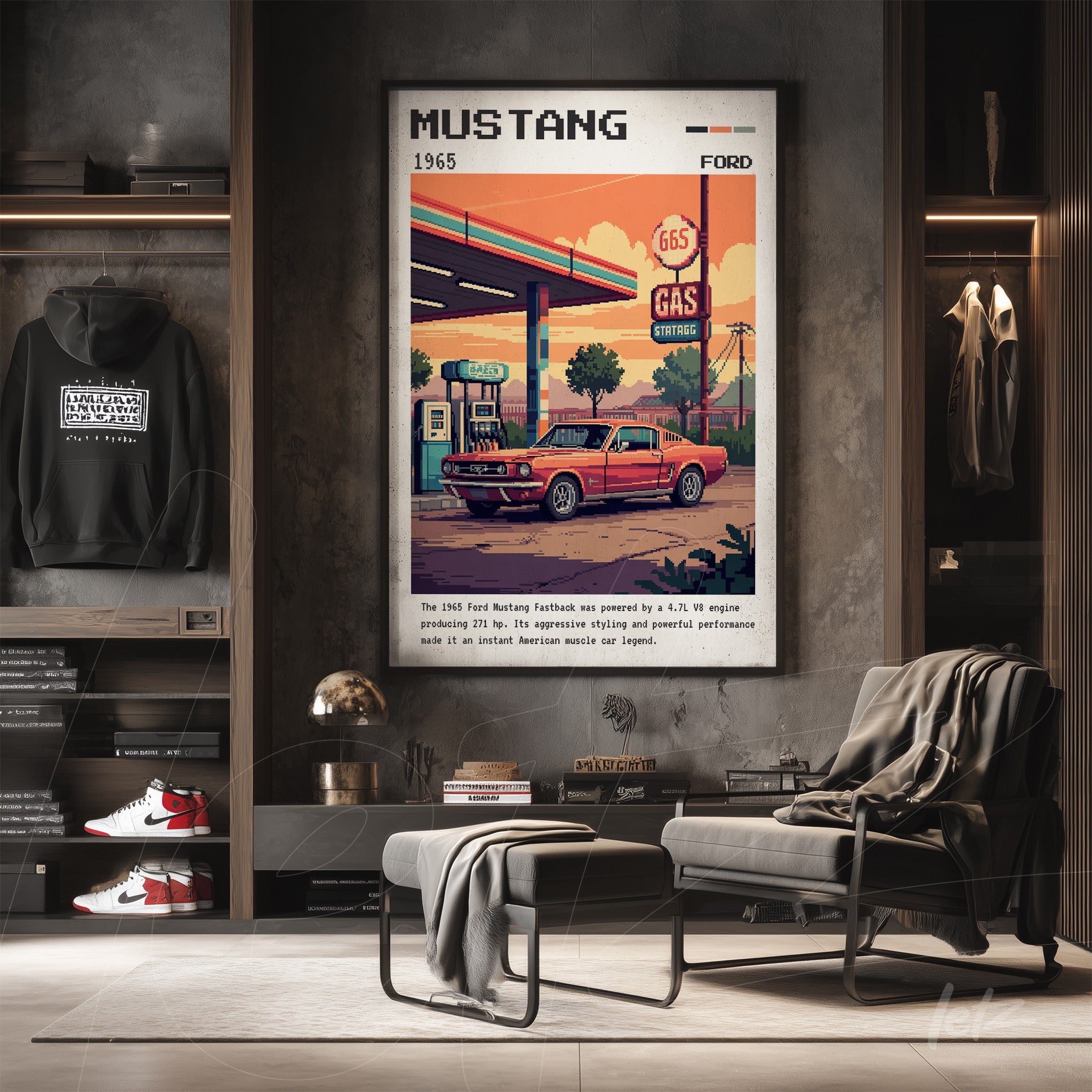 framed artwork featuring retro design of a 1965 Ford Mustang in a modern setting with a gas station backdrop
