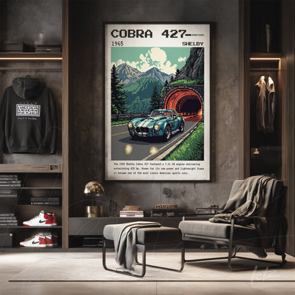 vintage style wall art of a sporty shelby cobra 427 car on a mountain road with a tunnel