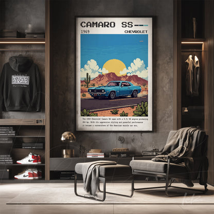 framed wall art featuring digital illustration of a 1969 Camaro SS in a desert scene with mountains and cacti