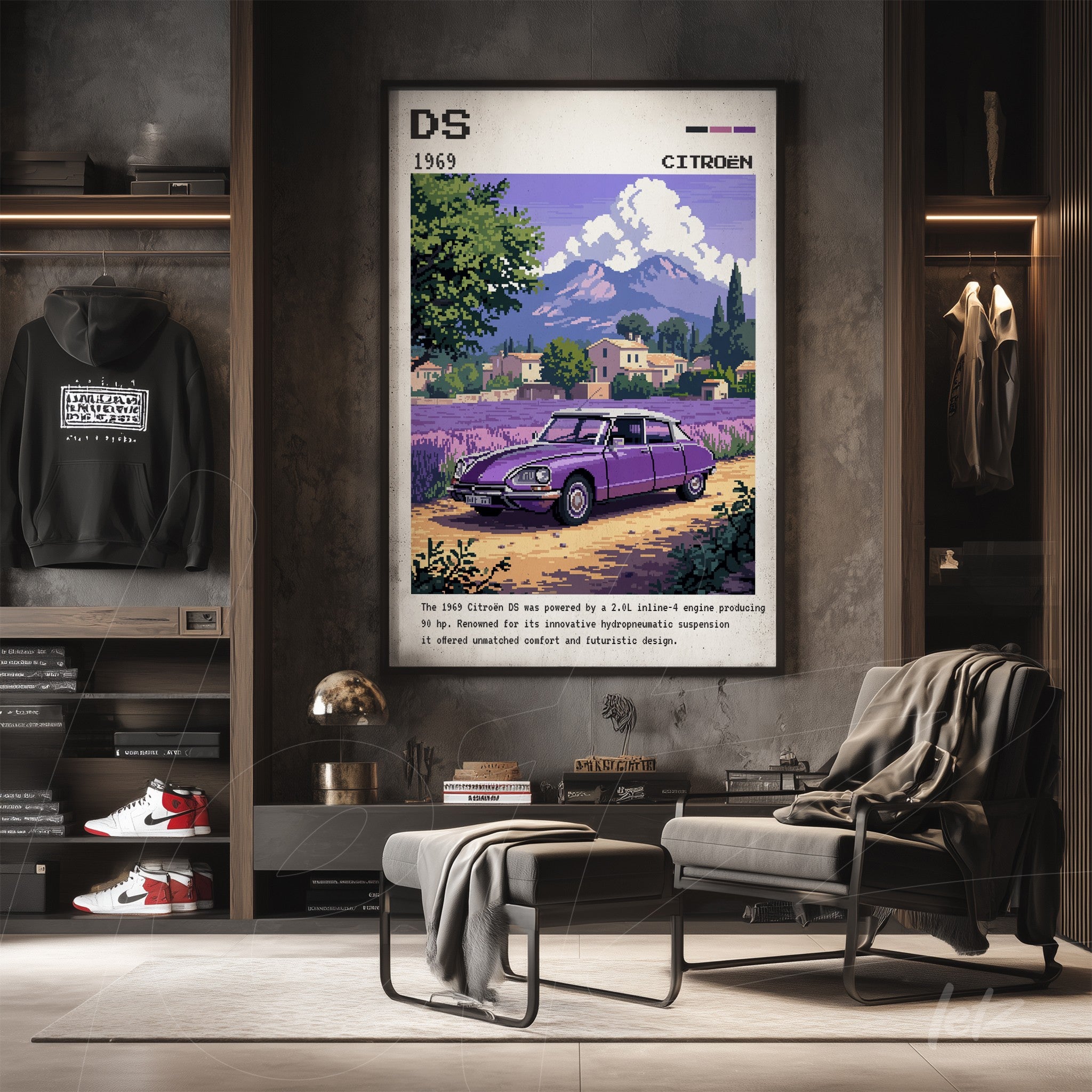 framed artistic illustration of a 1969 Citroën DS car featuring a dark frame in a modern setting