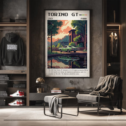 retro style framed artwork of a 1969 Ford Torino GT with an urban landscape reflection in water, displayed on a dark wall