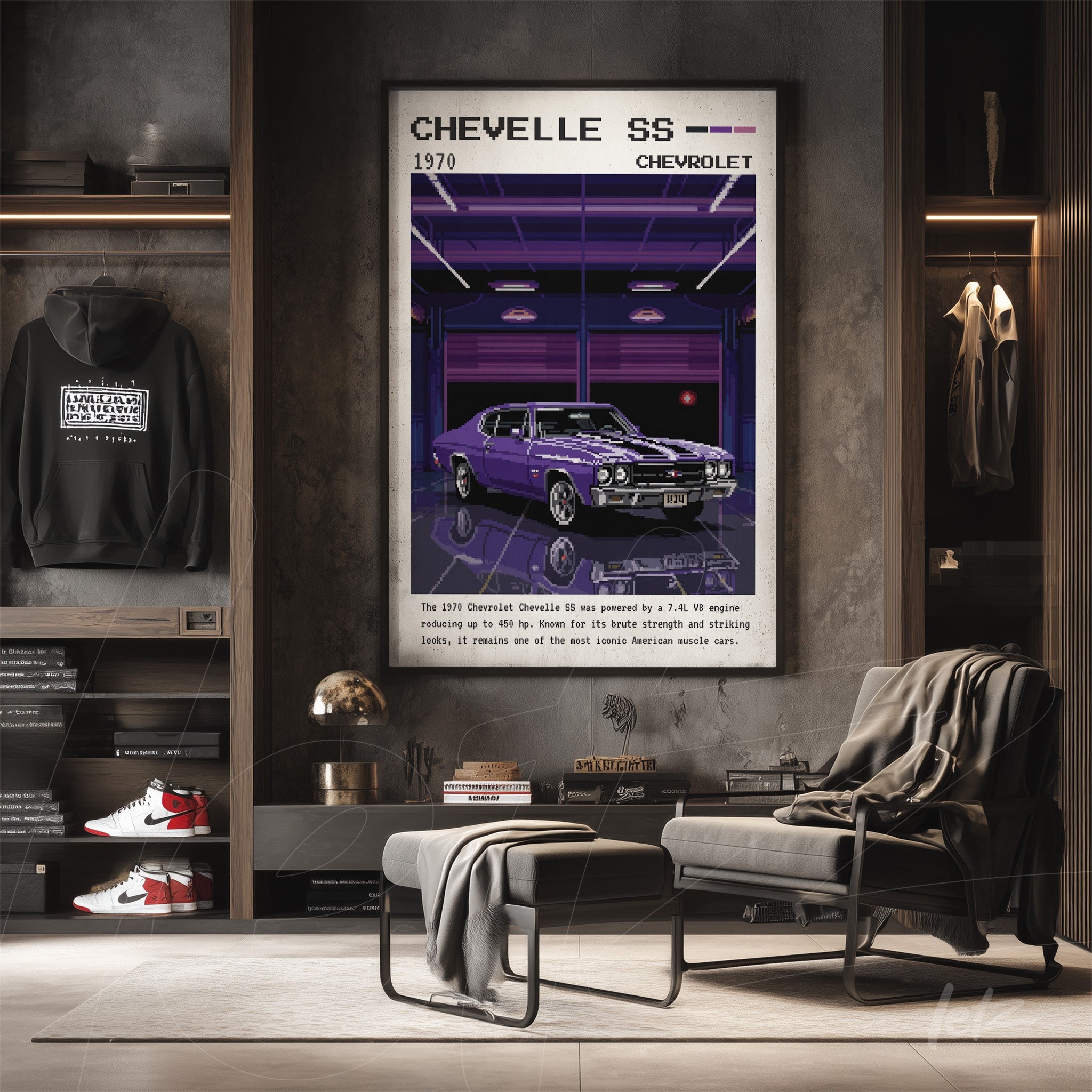 framed digital art of a 1970 Chevrolet Chevelle SS in a dark frame on an exposed brick wall
