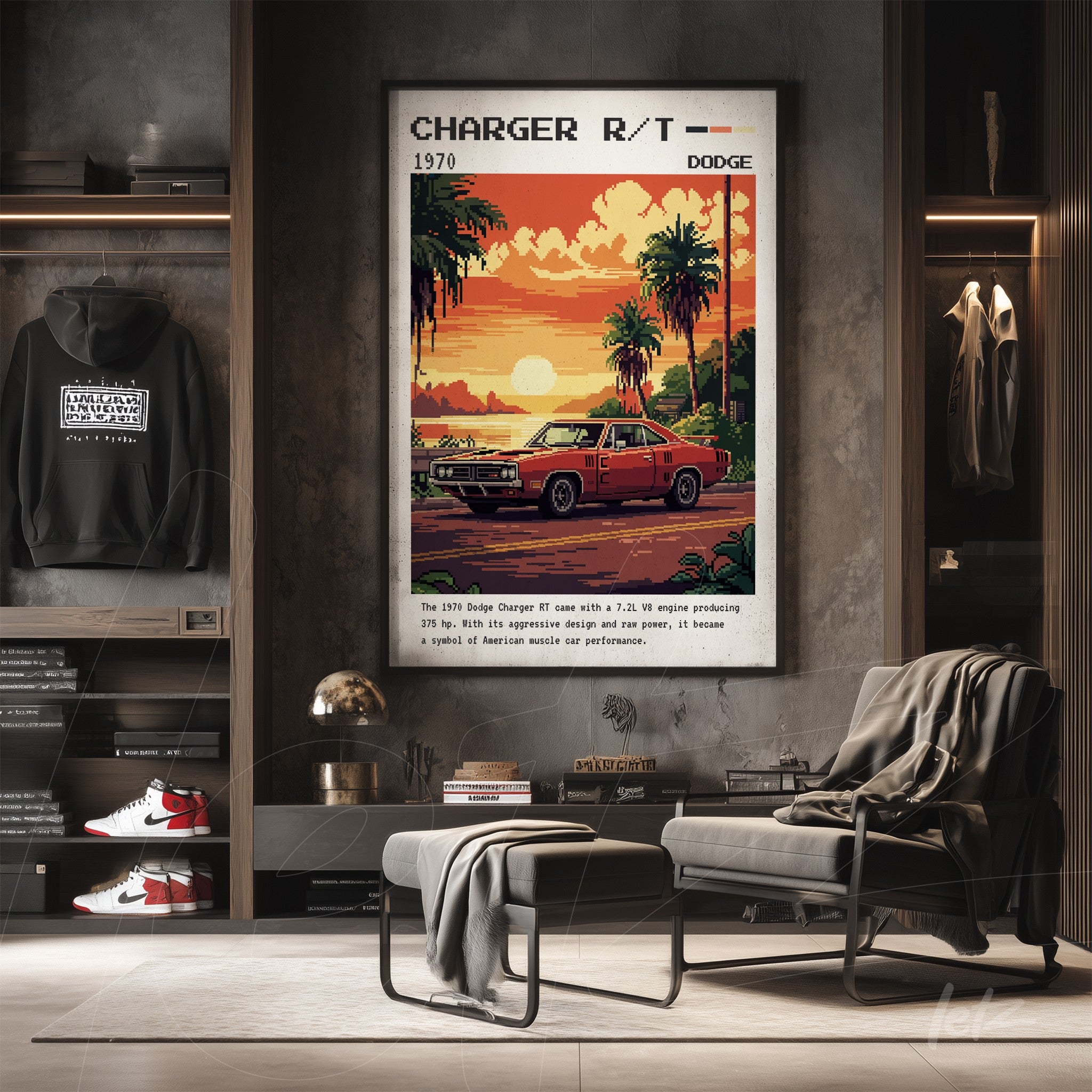 retro art print of the 1970 Dodge Charger R/T in dark frame, displayed in a modern setting with a sofa and hanging clothing behind