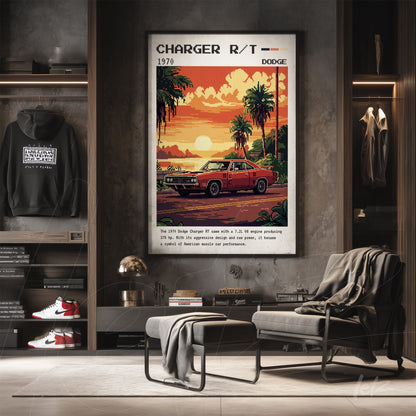 retro art print of the 1970 Dodge Charger R/T in dark frame, displayed in a modern setting with a sofa and hanging clothing behind