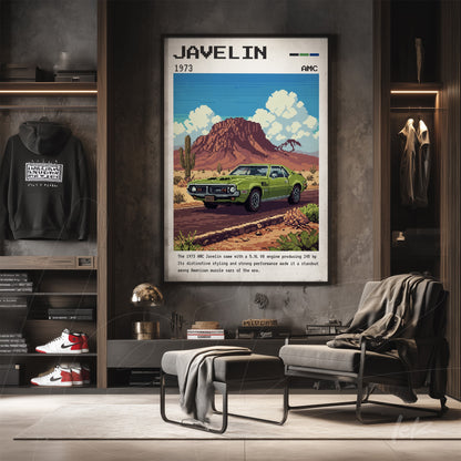framed retro art print of the 1973 AMC Javelin showcasing a green car in a desert landscape with red mountains in the background