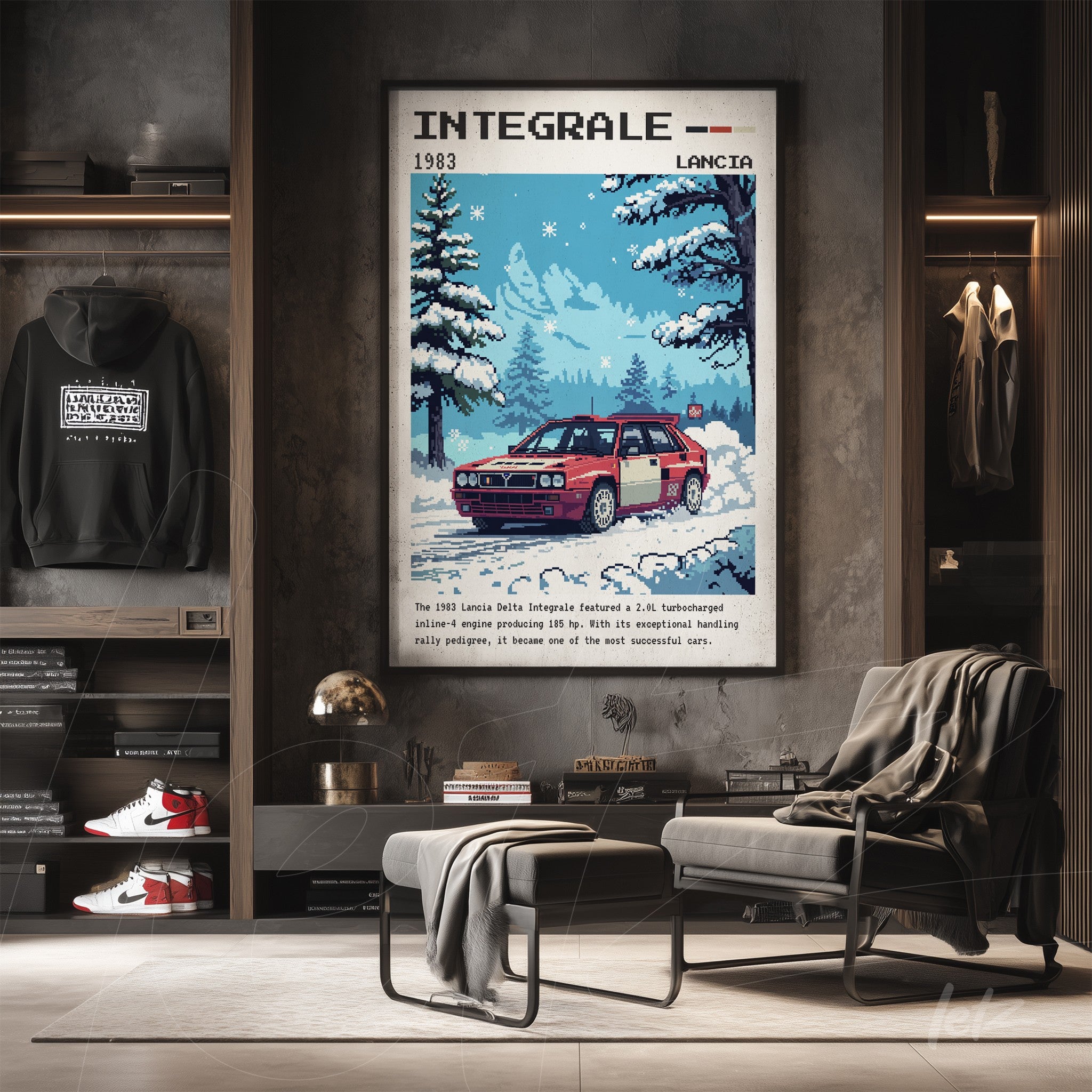 retro style framed art featuring Lancia Delta Integrale in a winter landscape