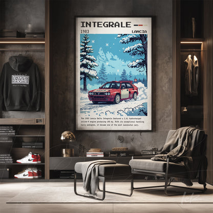 retro style framed art featuring Lancia Delta Integrale in a winter landscape