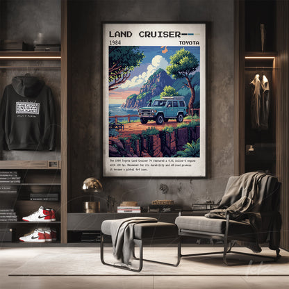 framed retro art of 1984 Toyota Land Cruiser with a dark frame featuring a mountainous landscape and greenery in the background